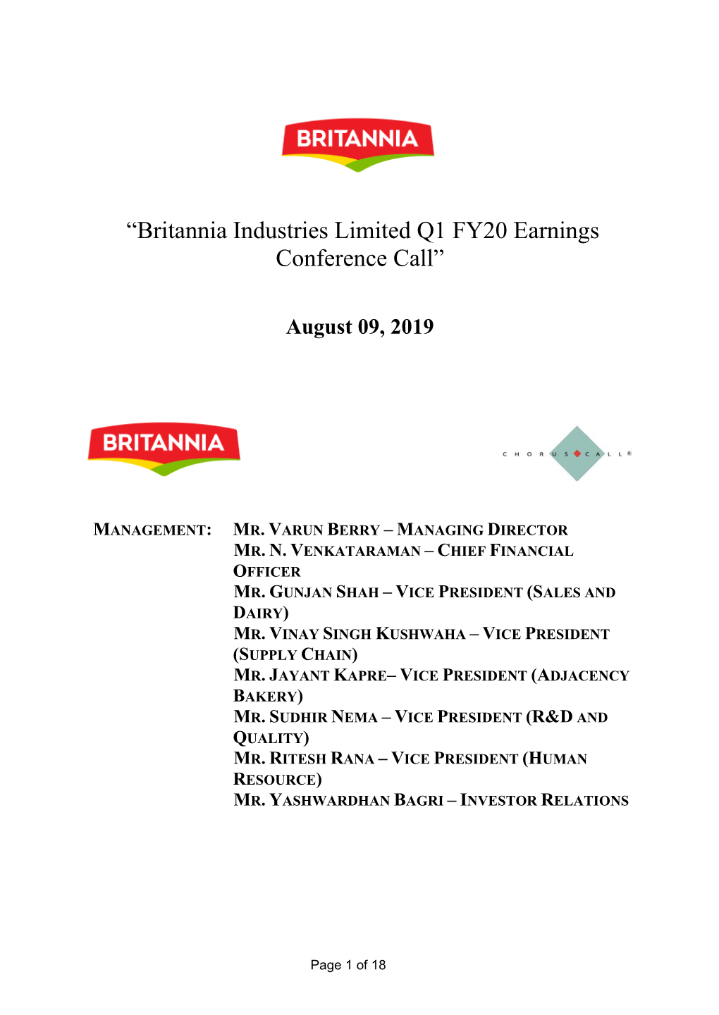 “Britannia Industries Limited Q1 FY20 Earnings Conference Call”