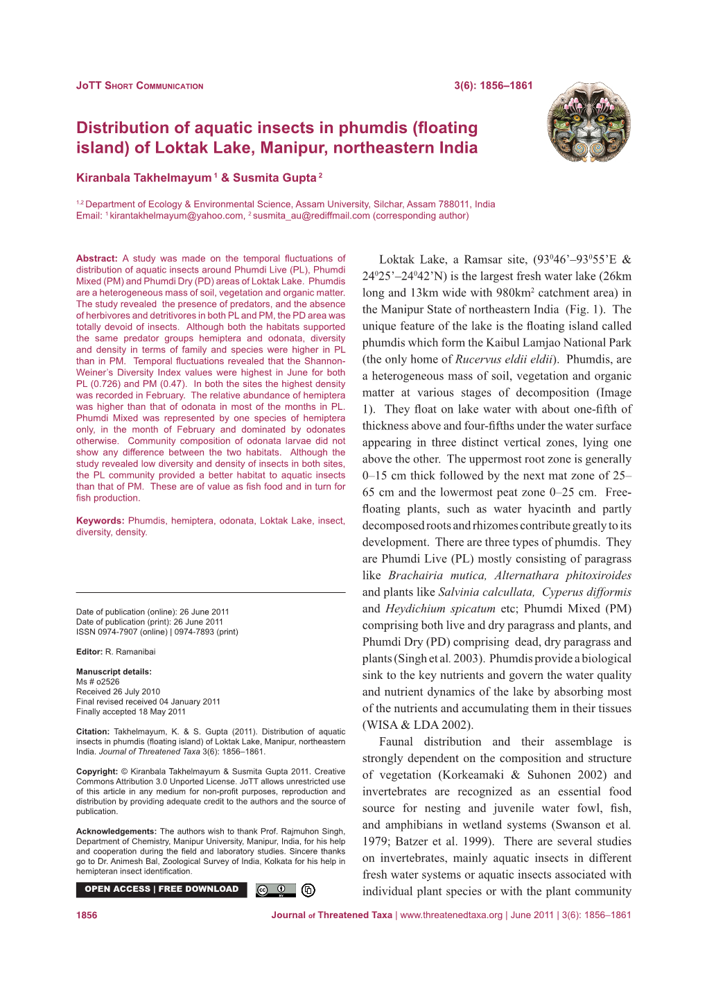 Distribution of Aquatic Insects in Phumdis (Floating Island) of Loktak Lake, Manipur, Northeastern India