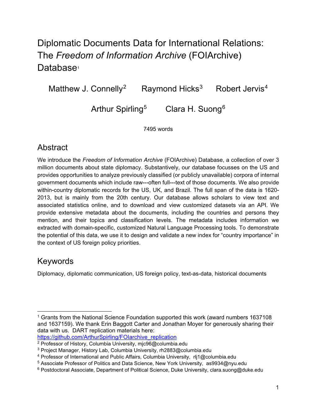 Diplomatic Documents Data for International Relations: the Freedom of Information Archive (Foiarchive) Database1