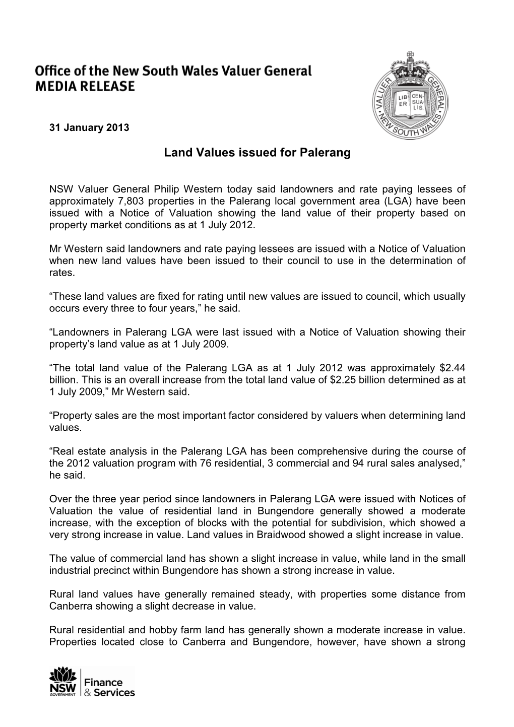 31 January 2013 Land Values Issued for Palerang