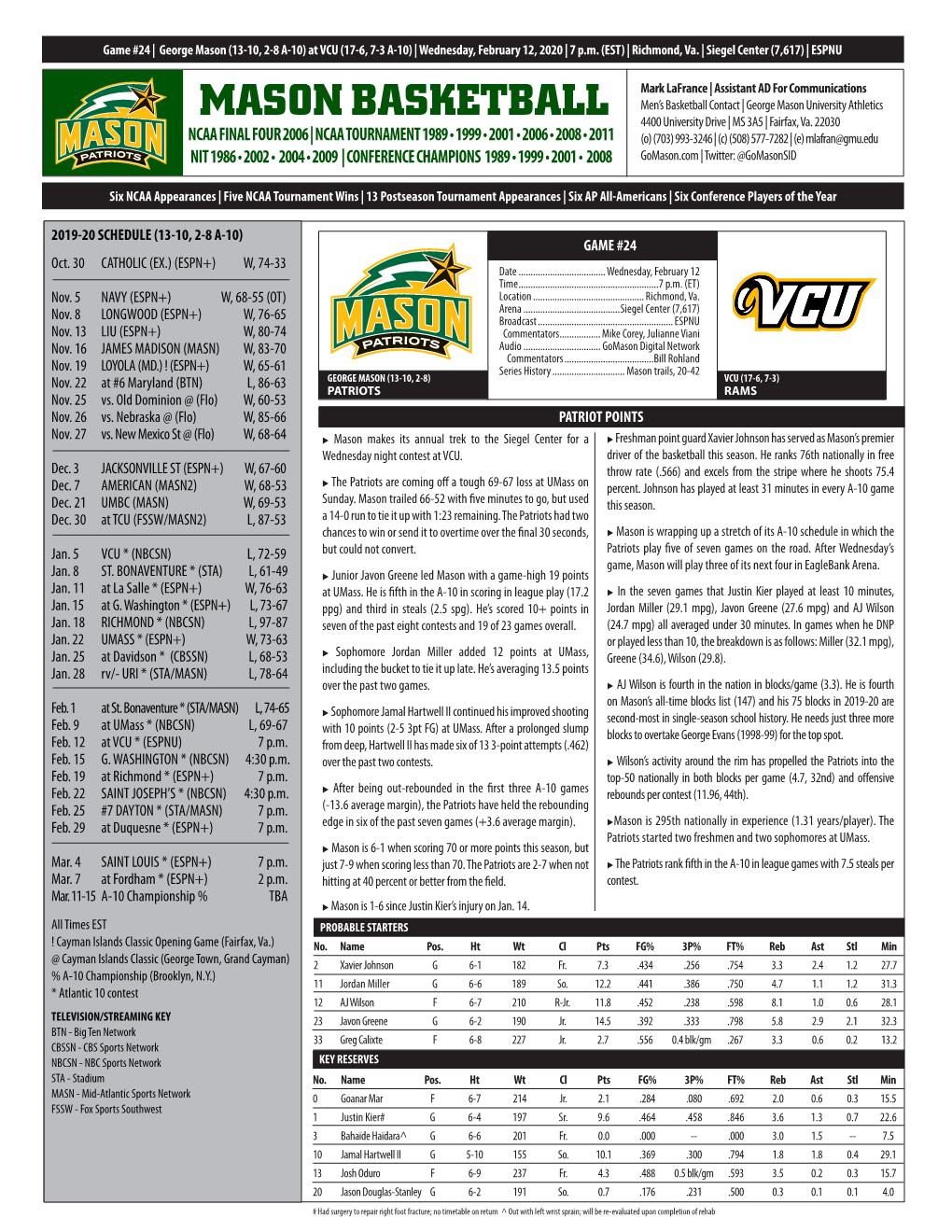 MASON BASKETBALL 4400 University Drive | MS 3A5 | Fairfax, Va