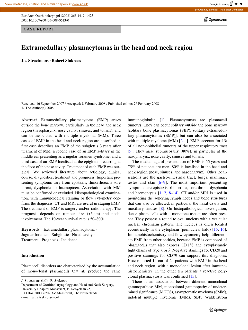 Extramedullary Plasmacytomas in the Head and Neck Region