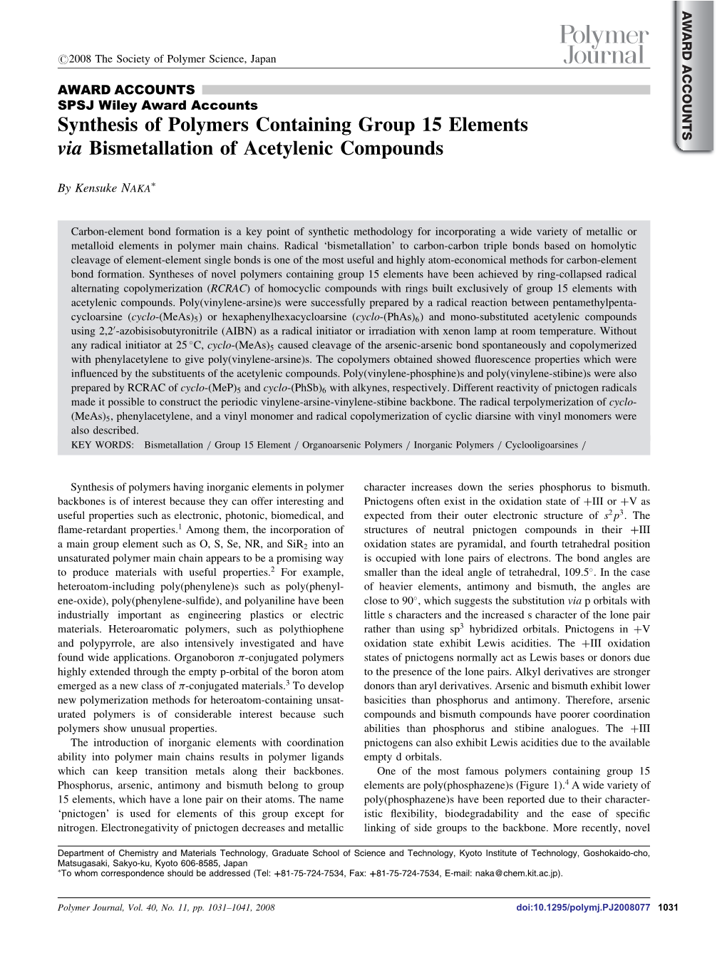 Synthesis of Polymers Containing Group 15 Elements Via Bismetallation of Acetylenic Compounds