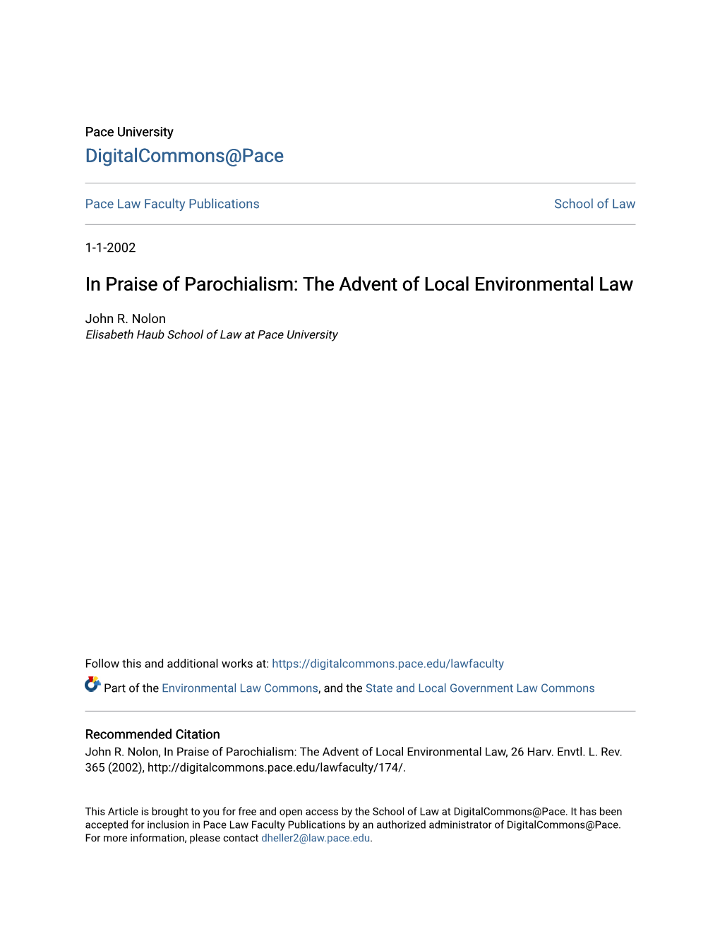 In Praise of Parochialism: the Advent of Local Environmental Law