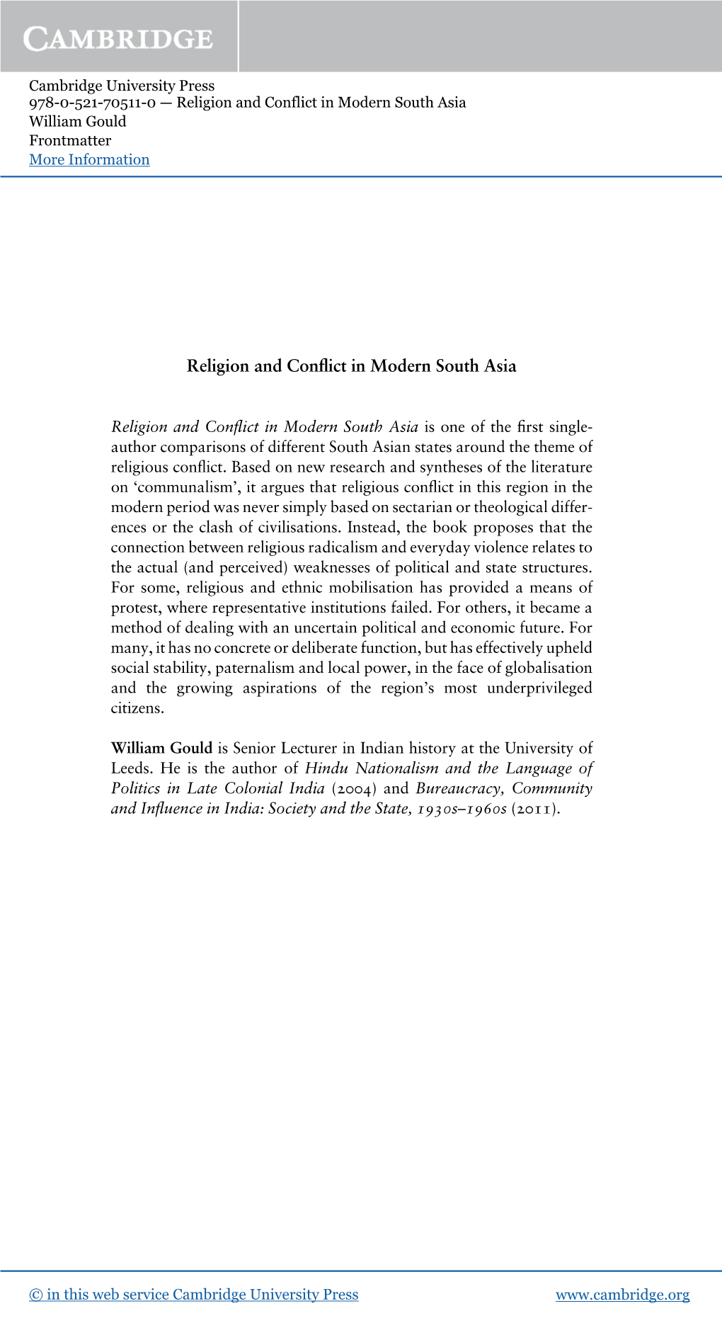 Religion and Conflict in Modern South Asia William Gould Frontmatter More Information