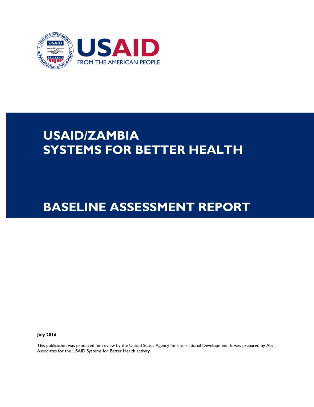 Usaid/Zambia Systems for Better Health Baseline