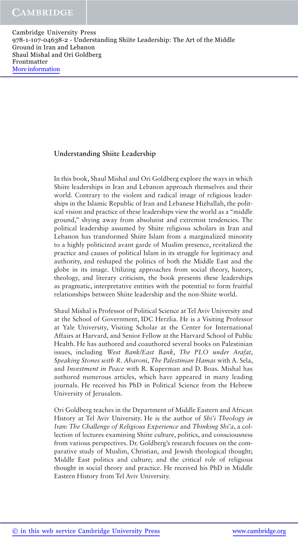 Understanding Shiite Leadership: the Art of the Middle Ground in Iran and Lebanon Shaul Mishal and Ori Goldberg Frontmatter More Information