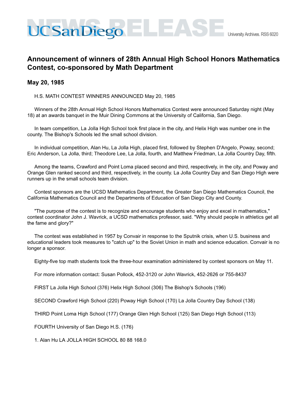 Announcement of Winners of 28Th Annual High School Honors Mathematics Contest, Co-Sponsored by Math Department