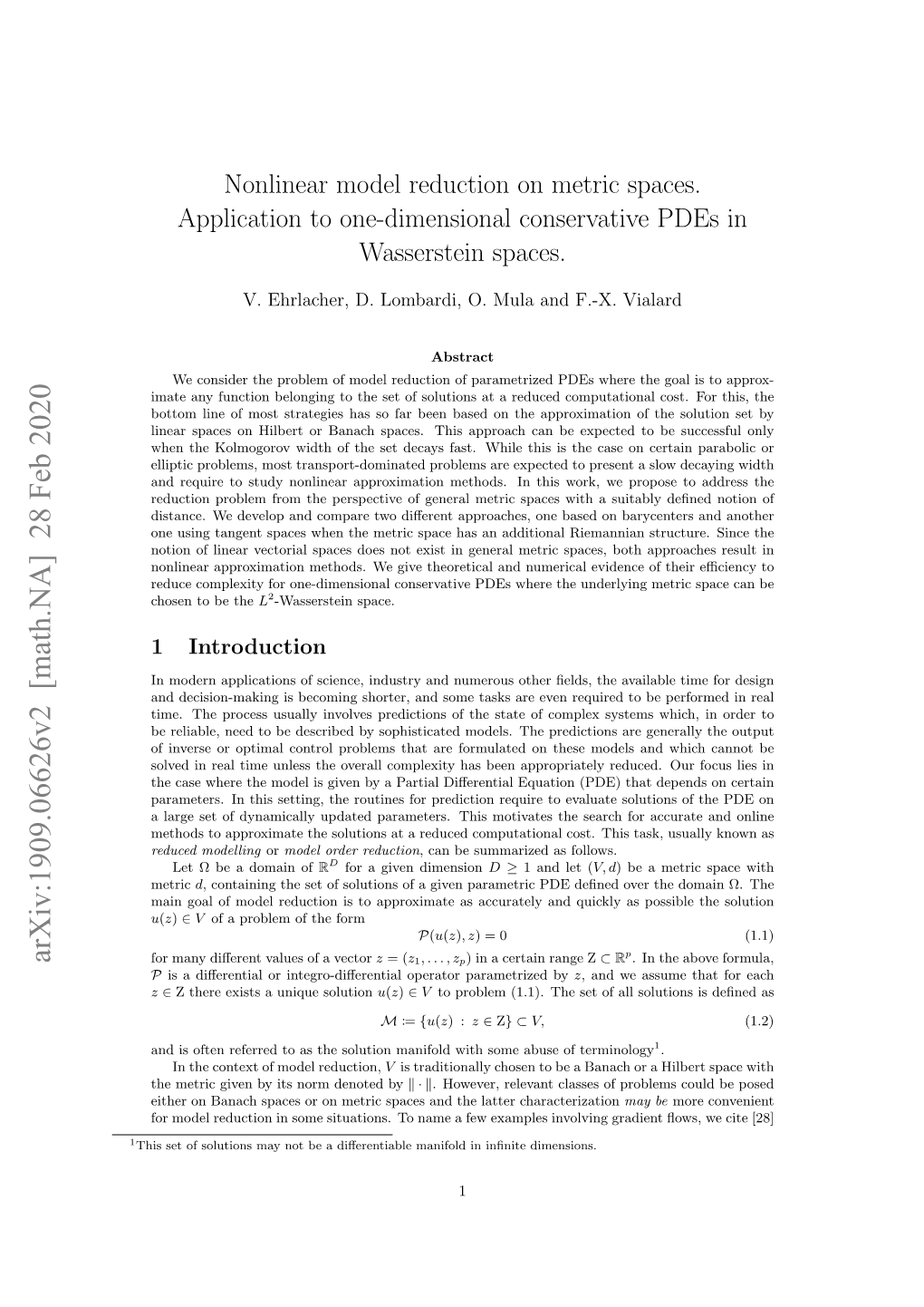 Nonlinear Model Reduction on Metric Spaces. Application to One-Dimensional Conservative Pdes in Wasserstein Spaces