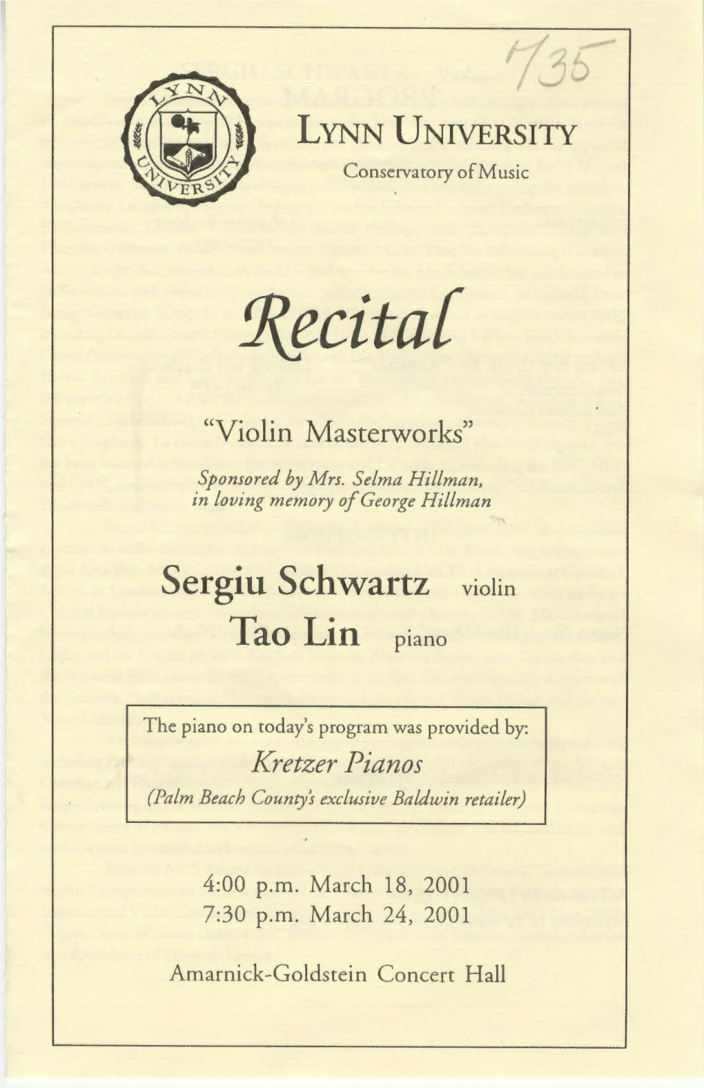 2000-2001 Recital" Violin Masterworks"-Sergiu Schwartz And