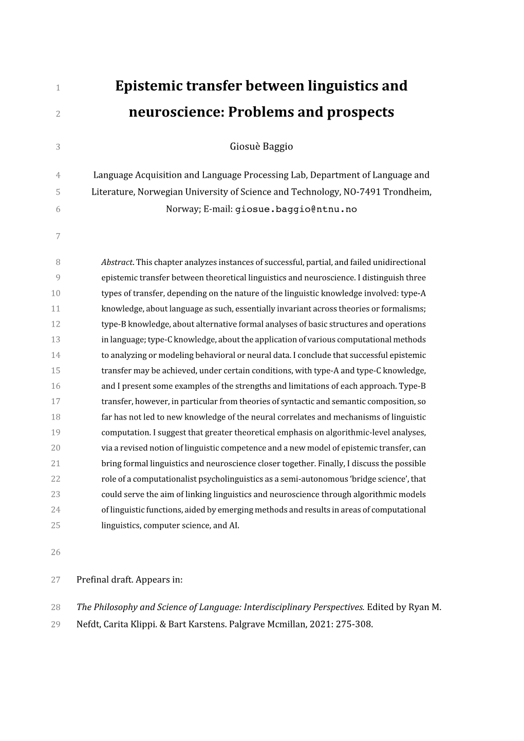Epistemic Transfer Between Linguistics and Neuroscience: Problems and Prospects