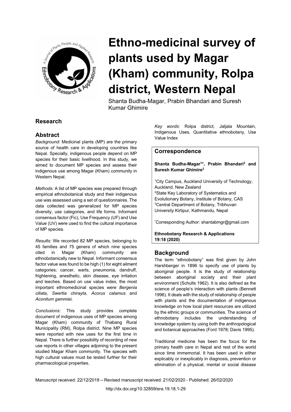 Ethno-Medicinal Survey of Plants Used by Magar (Kham) Community, Rolpa District, Western Nepal