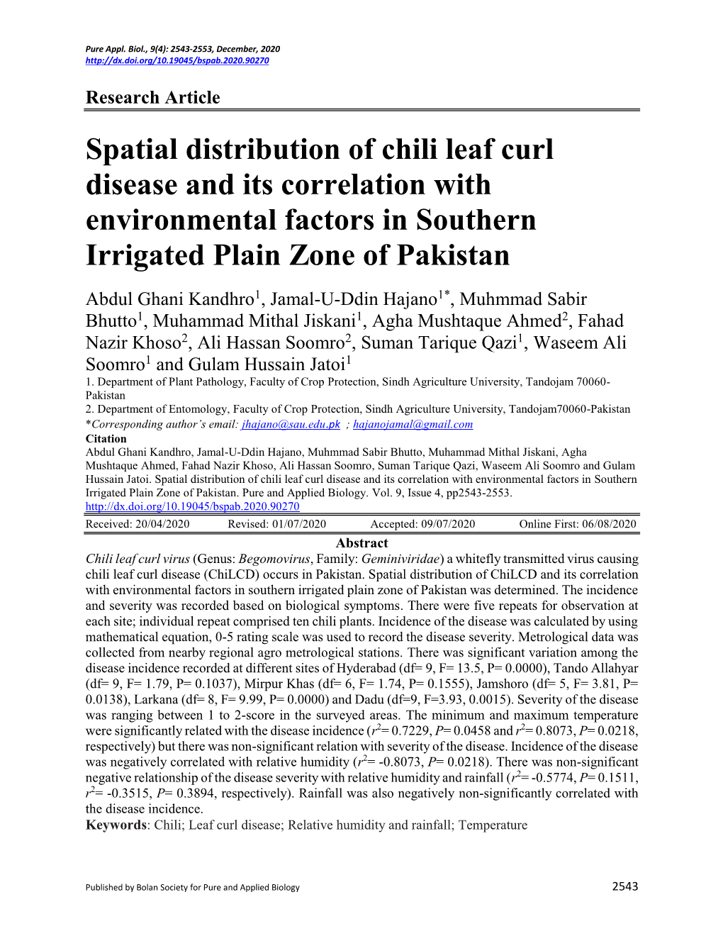 Spatial Distribution of Chili Leaf Curl Disease and Its Correlation with Environmental Factors in Southern Irrigated Plain Zone of Pakistan