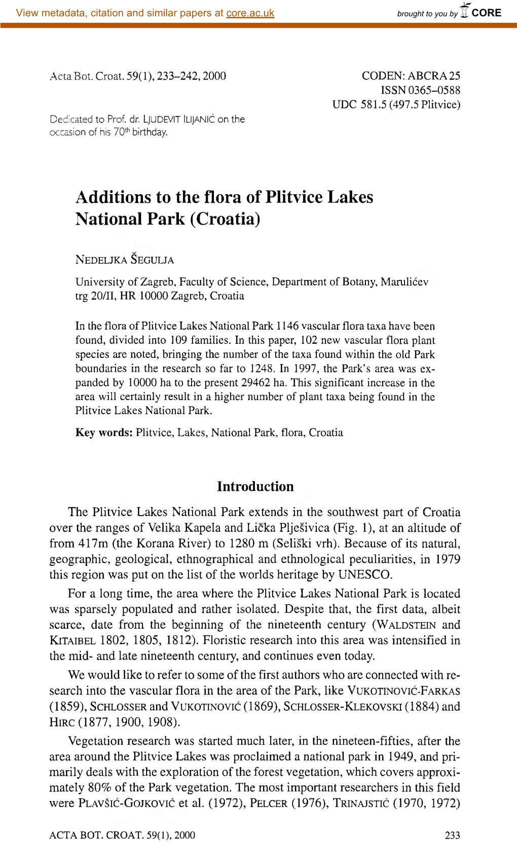 Additions to the Flora of Plitvice Lakes National Park (Croatia)