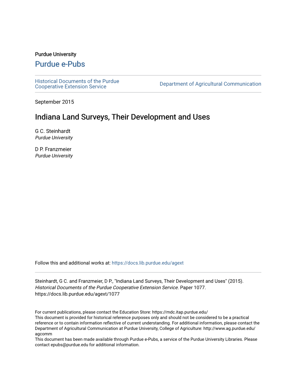 Indiana Land Surveys, Their Development and Uses