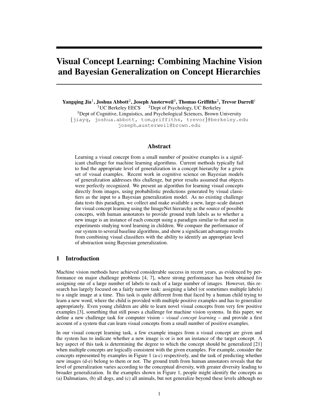 Visual Concept Learning: Combining Machine Vision and Bayesian Generalization on Concept Hierarchies