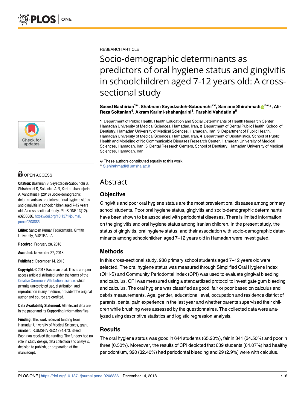 Socio-Demographic Determinants As Predictors of Oral Hygiene Status and Gingivitis in Schoolchildren Aged 7-12 Years Old: a Cross- Sectional Study