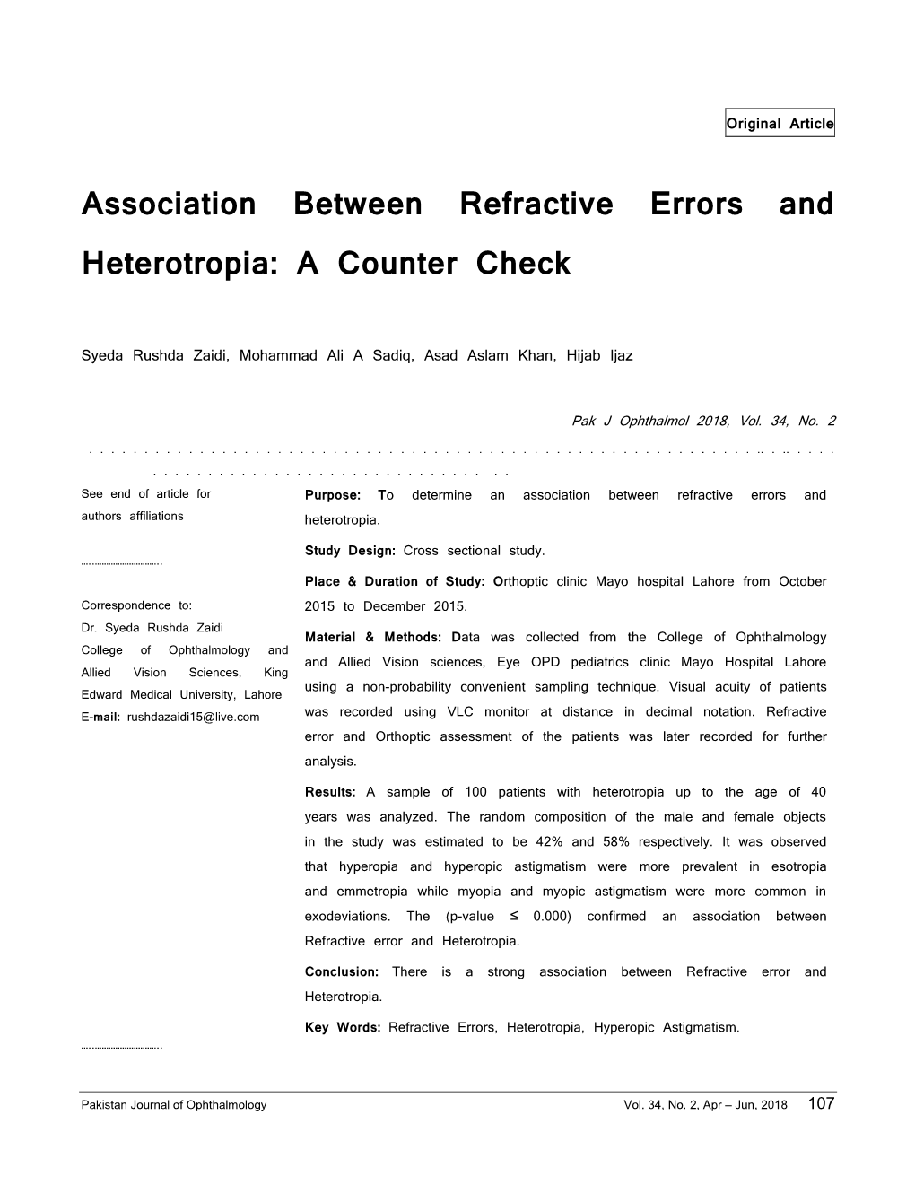 Association Between Refractive Errors and Heterotropia: a Counter Check