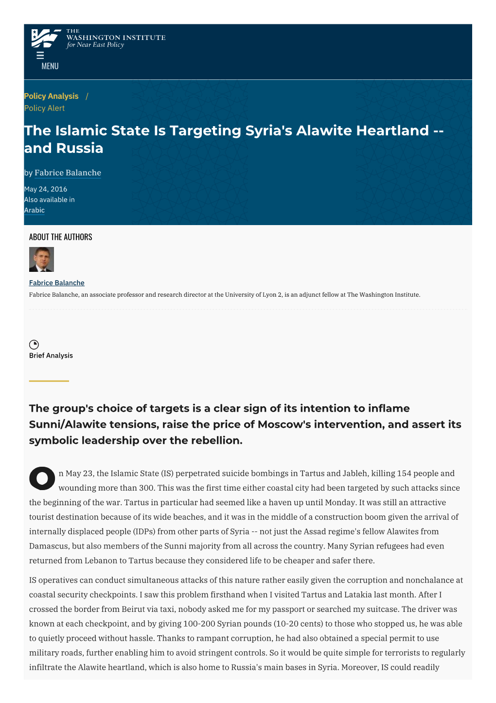 The Islamic State Is Targeting Syria's Alawite Heartland -- and Russia by Fabrice Balanche