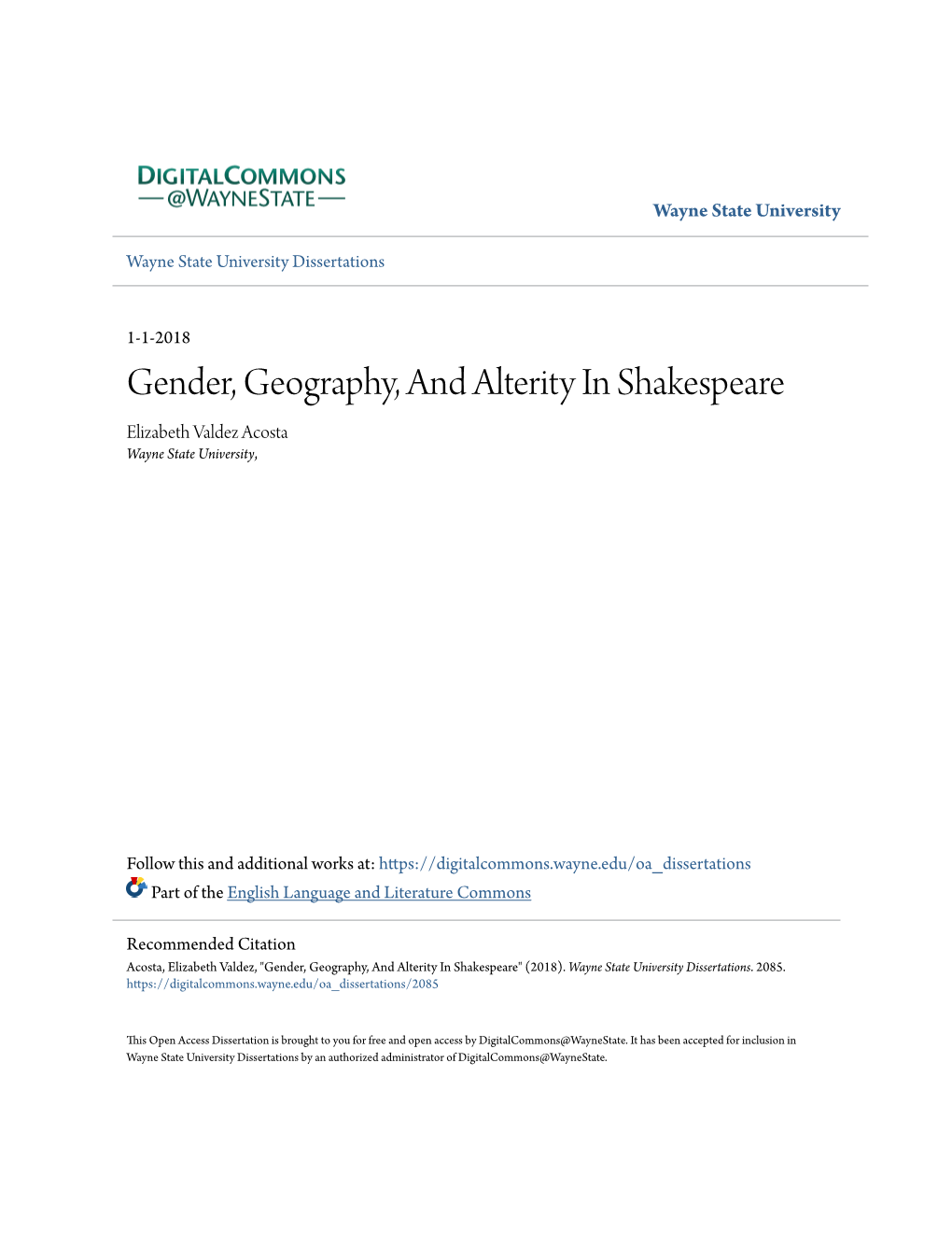 Gender, Geography, and Alterity in Shakespeare Elizabeth Valdez Acosta Wayne State University