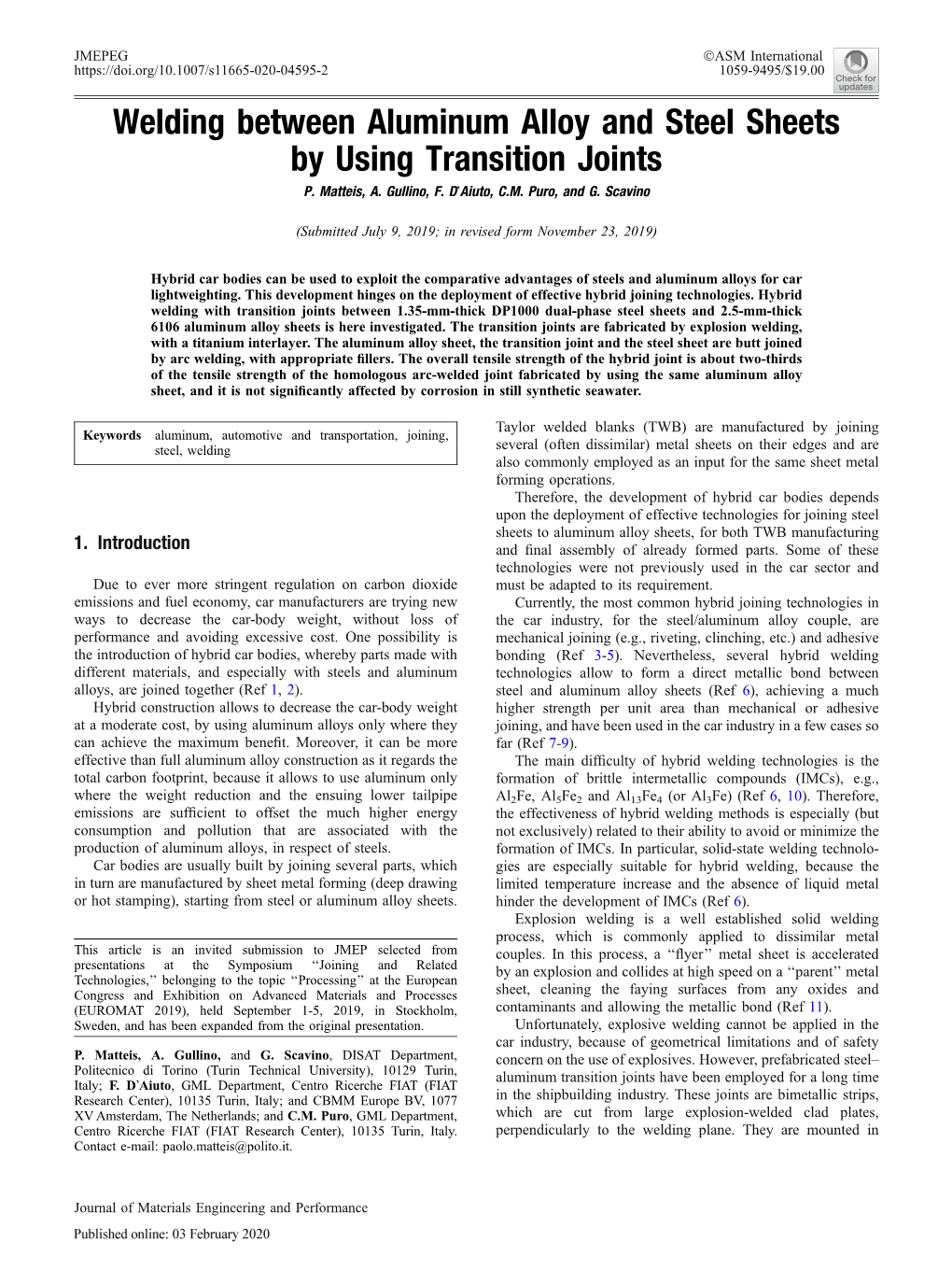 Welding Between Aluminum Alloy and Steel Sheets by Using Transition Joints P