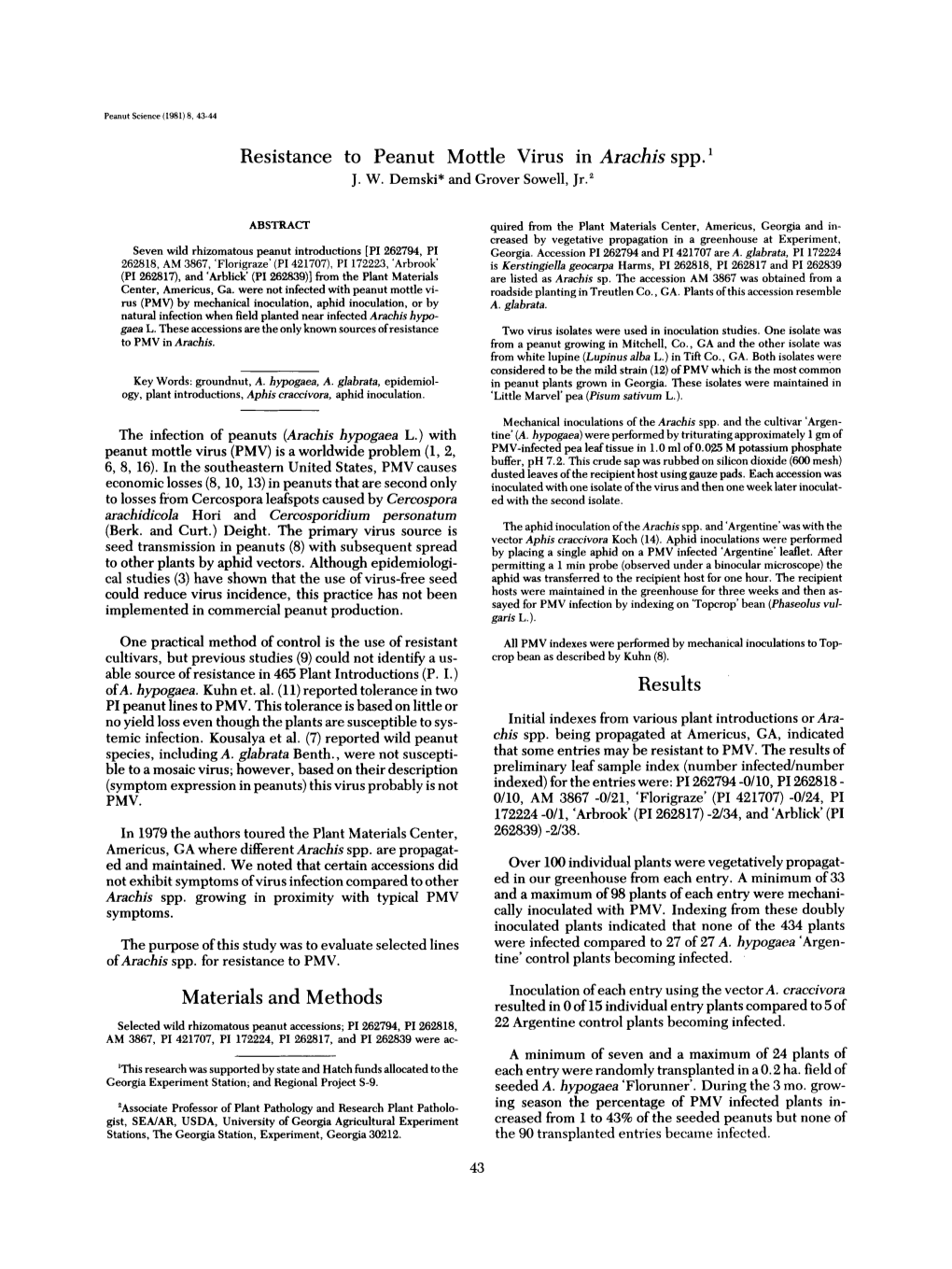 Resistance to Peanut Mottle Virus in Arachis Spp.’ J