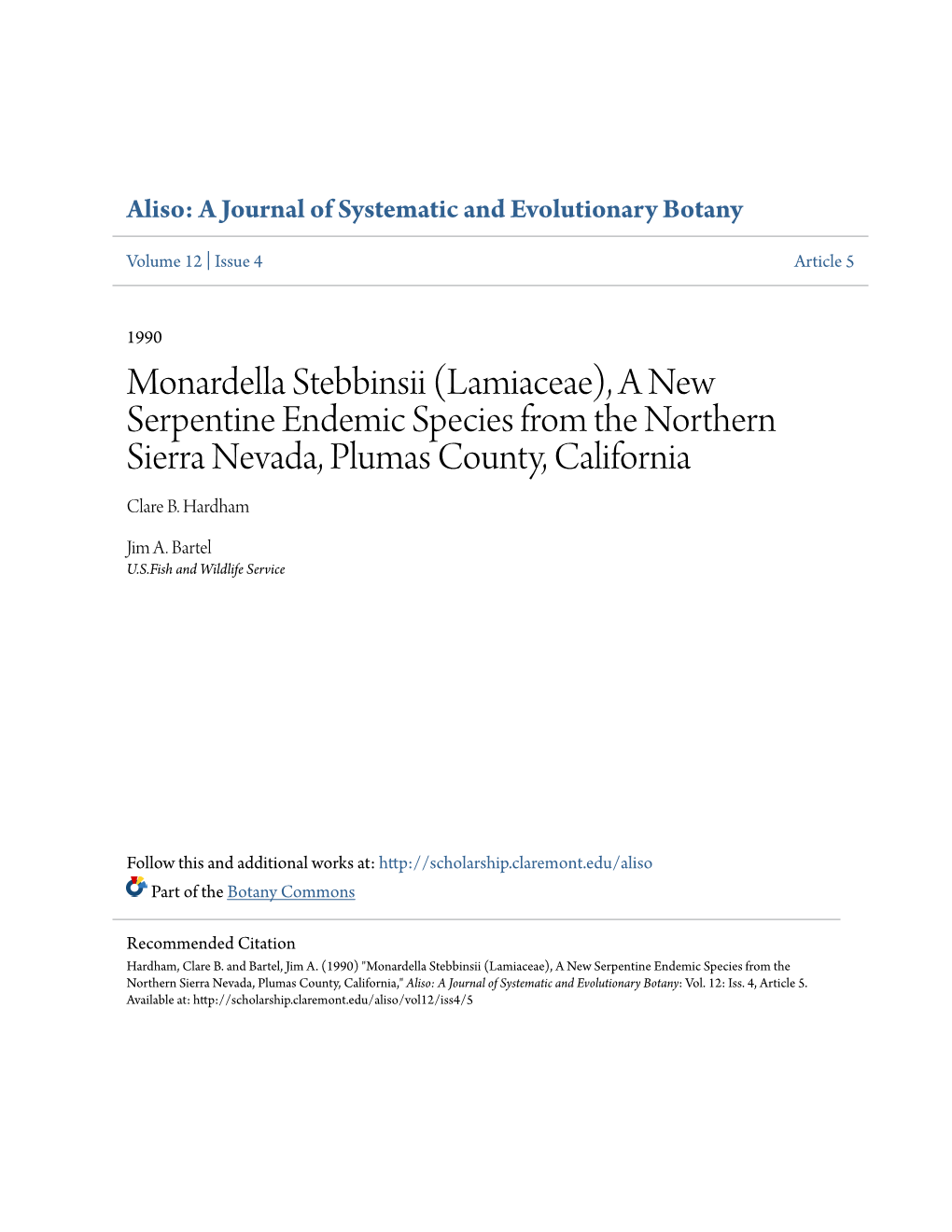 Monardella Stebbinsii (Lamiaceae), a New Serpentine Endemic Species from the Northern Sierra Nevada, Plumas County, California Clare B