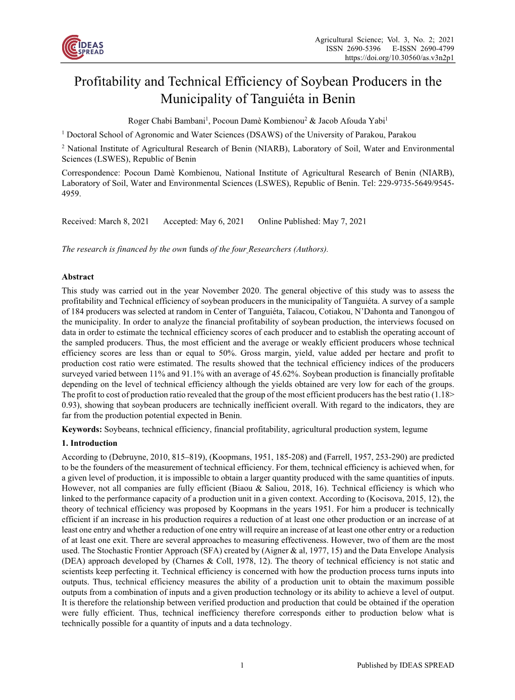 Profitability and Technical Efficiency of Soybean Producers in the Municipality of Tanguiéta in Benin