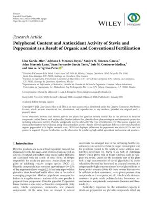 Polyphenol Content and Antioxidant Activity of Stevia and Peppermint As a Result of Organic and Conventional Fertilization