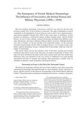 The Emergence of French Medical Entomology: the Influence of Universities, the Institut Pasteur and Military Physicians (1890–C.1938)
