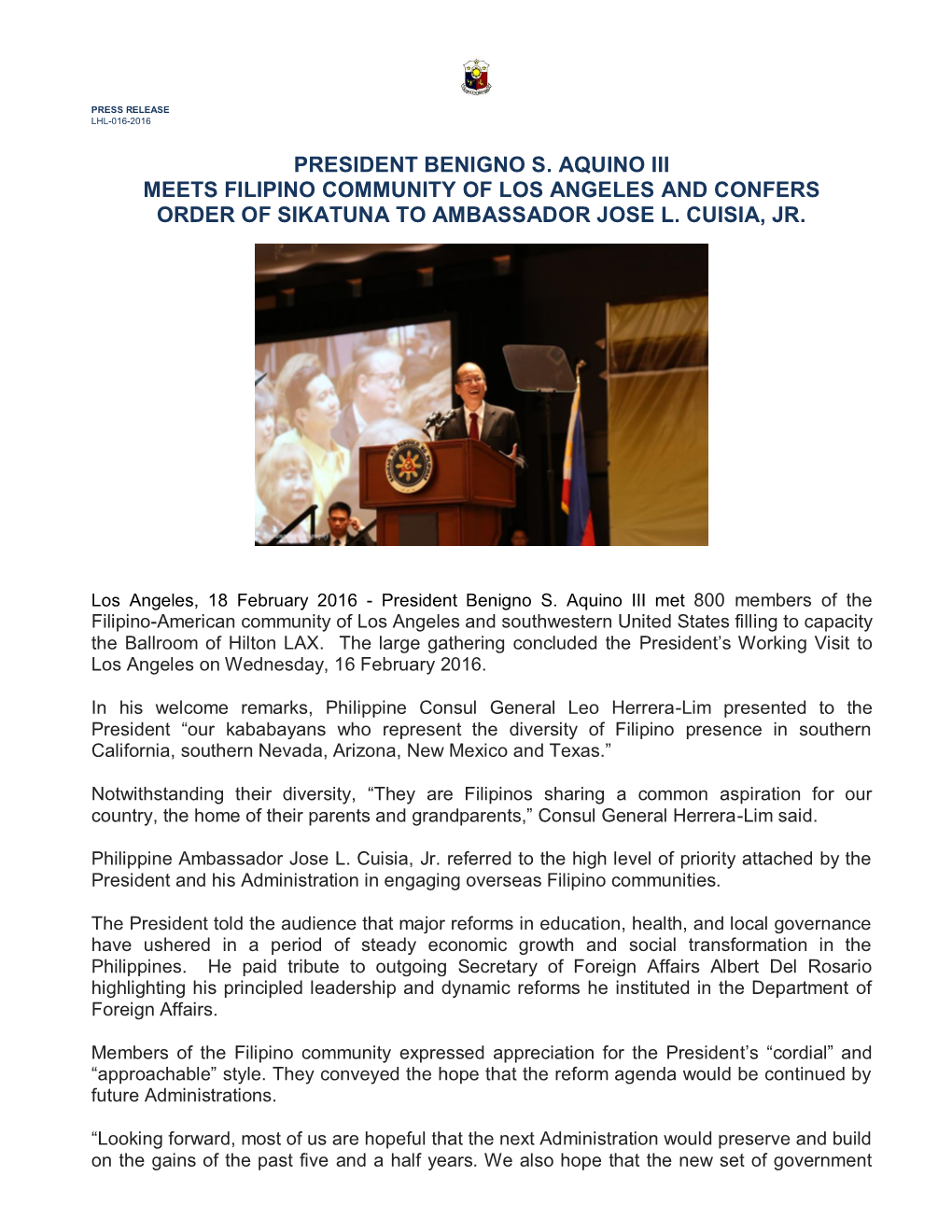 President Benigno S. Aquino Iii Meets Filipino Community of Los Angeles and Confers Order of Sikatuna to Ambassador Jose L