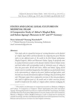 STATES and LOCAL LEGAL CULTURES in MEDIEVAL ISLAM a Comparative Study of Akbar’S Mughal Rule and Sultan Agung’S Mataram in 16Th and 17Th Century1
