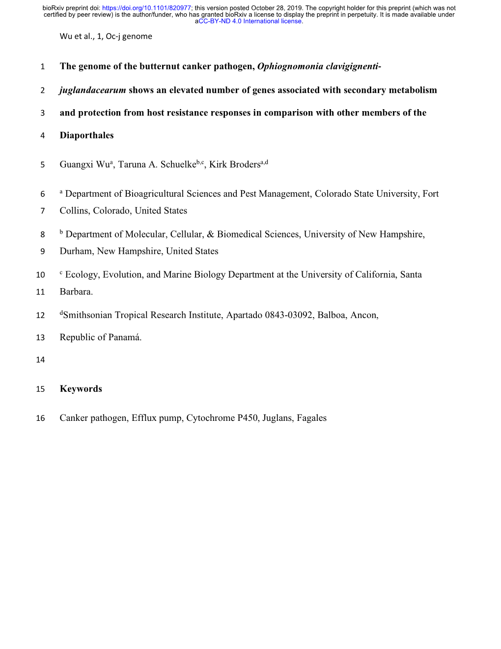 The Genome of the Butternut Canker Pathogen, Ophiognomonia Clavigignenti