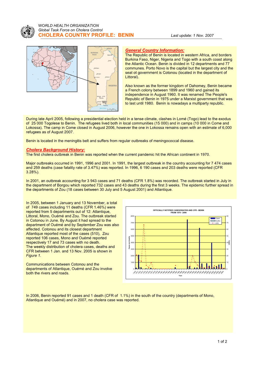 CHOLERA COUNTRY PROFILE: BENIN Last Update: 1 Nov
