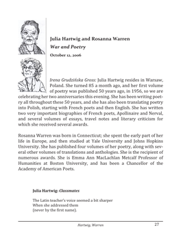 Julia Hartwig and Rosanna Warren War and Poetry October 12, 2006