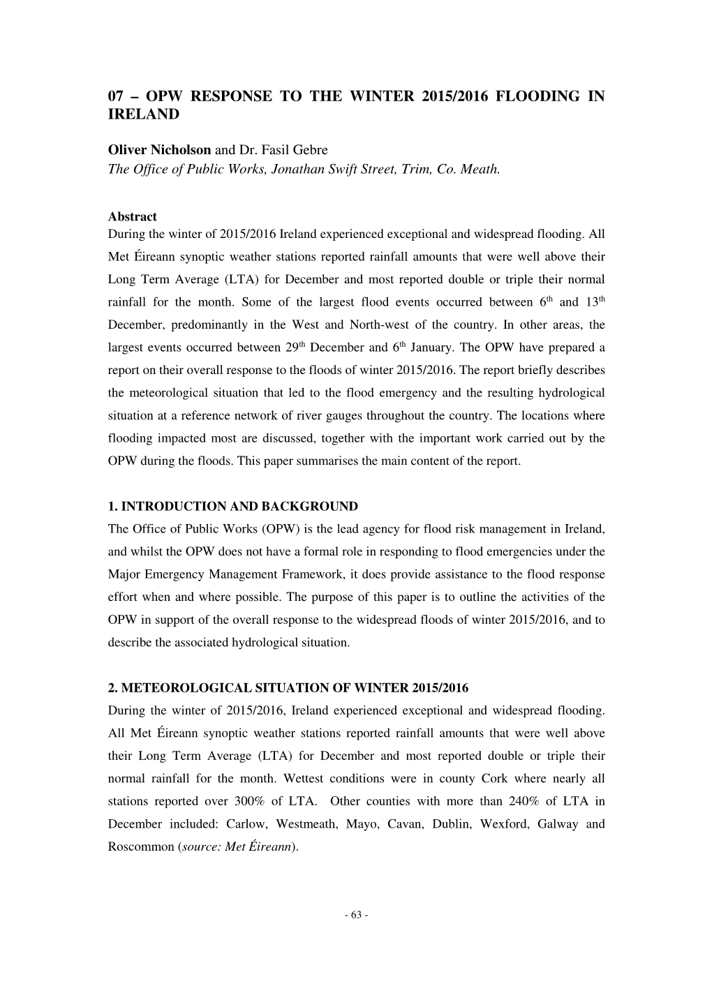 Opw Response to the Winter 2015/2016 Flooding in Ireland