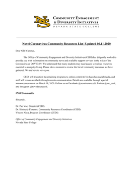 Novel Coronavirus Community Resources List | Updated 06.11.2020