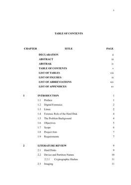 V TABLE of CONTENTS CHAPTER TITLE PAGE DECLARATION Ii