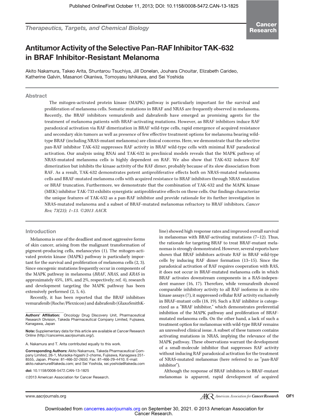 Antitumor Activity of the Selective Pan-RAF Inhibitor TAK-632 in BRAF Inhibitor-Resistant Melanoma