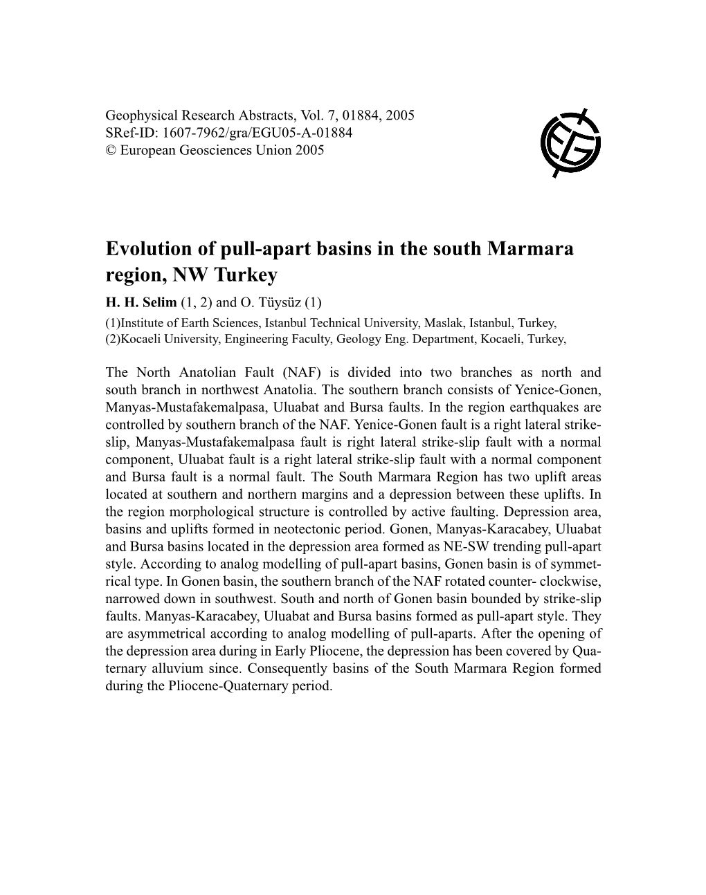 Evolution of Pull-Apart Basins in the South Marmara Region, NW Turkey H