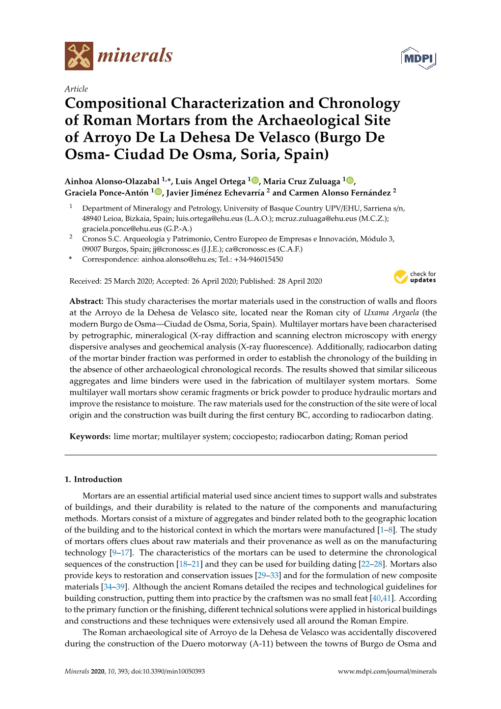 Compositional Characterization and Chronology of Roman Mortars from the Archaeological Site of Arroyo De La Dehesa De Velasco