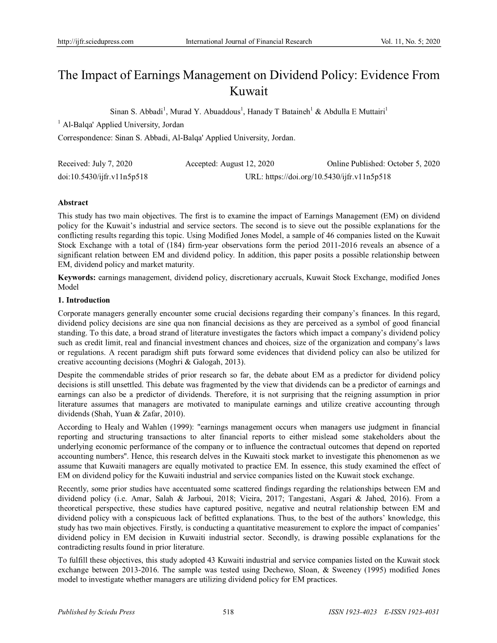 The Impact of Earnings Management on Dividend Policy: Evidence from Kuwait