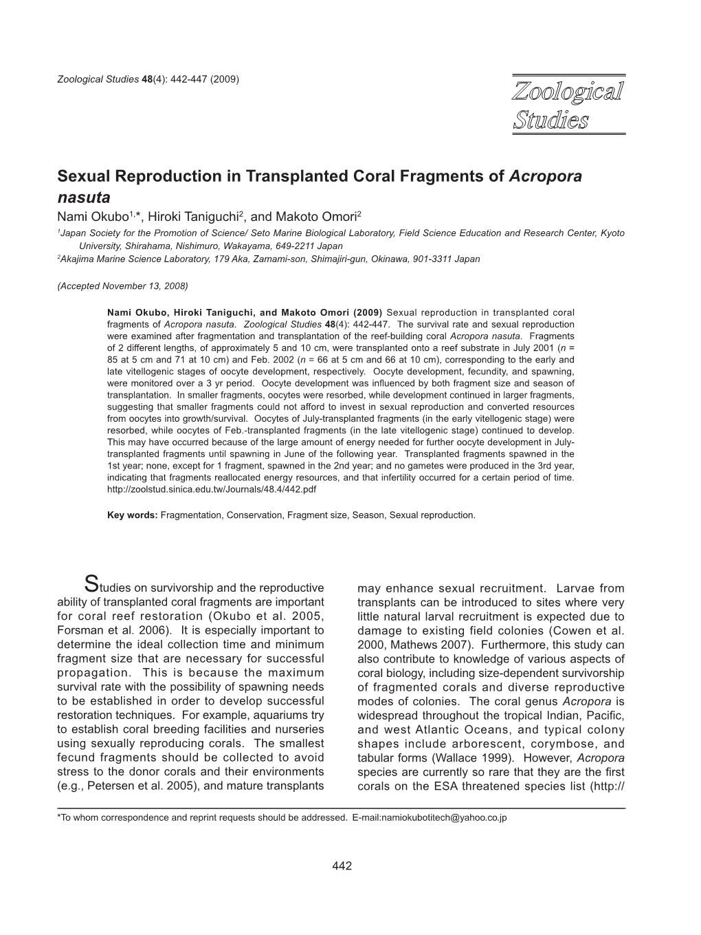 Sexual Reproduction in Transplanted Coral Fragments of Acropora Nasuta