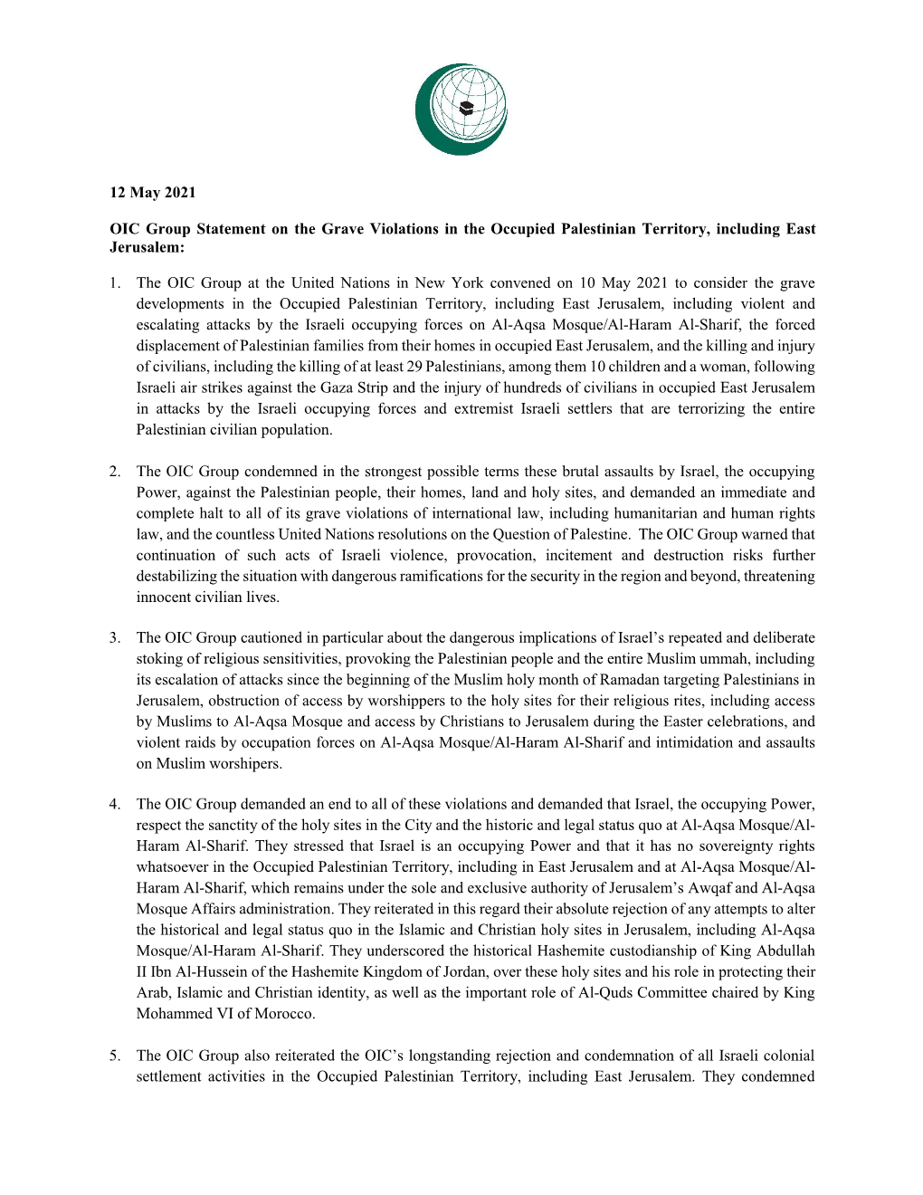 12 May 2021 OIC Group Statement on the Grave