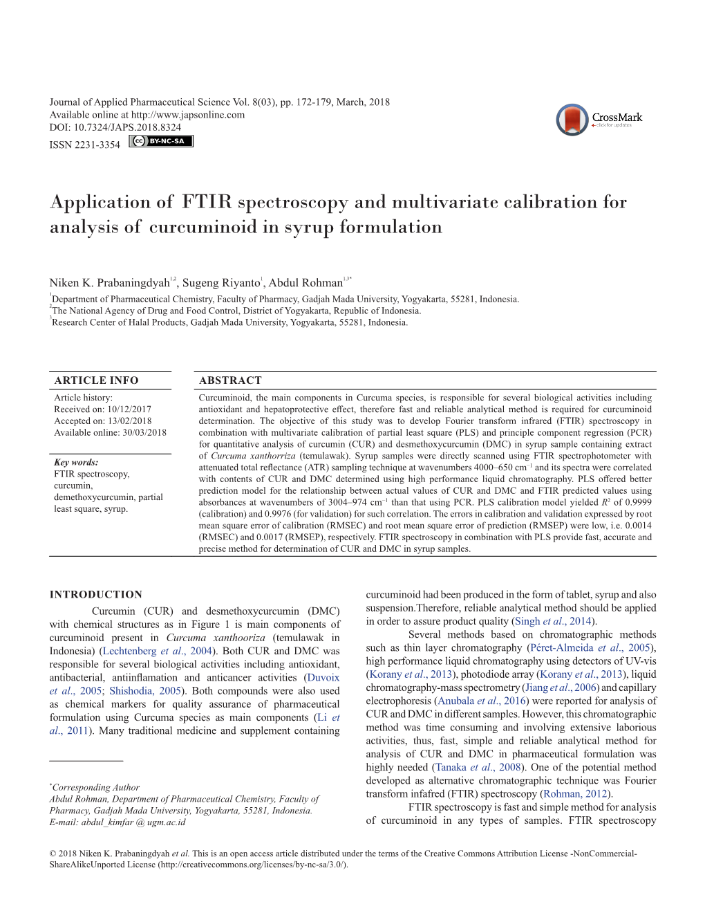 Application of FTIR Spectroscopy and Multivariate Calibration for Analysis of Curcuminoid in Syrup Formulation