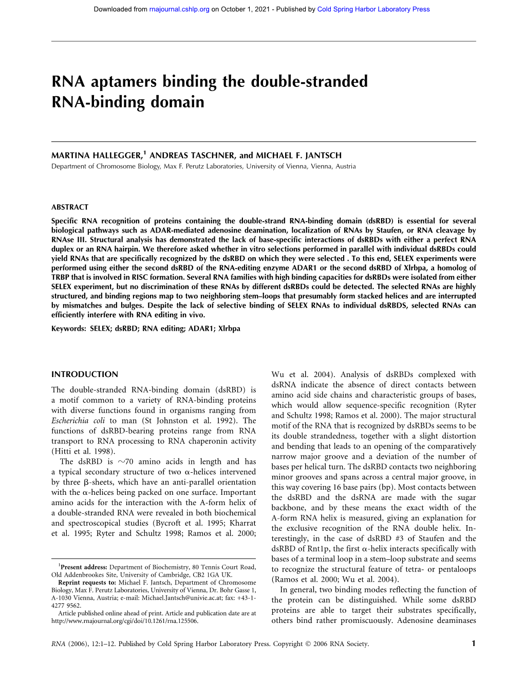 RNA Aptamers Binding the Double-Stranded RNA-Binding Domain