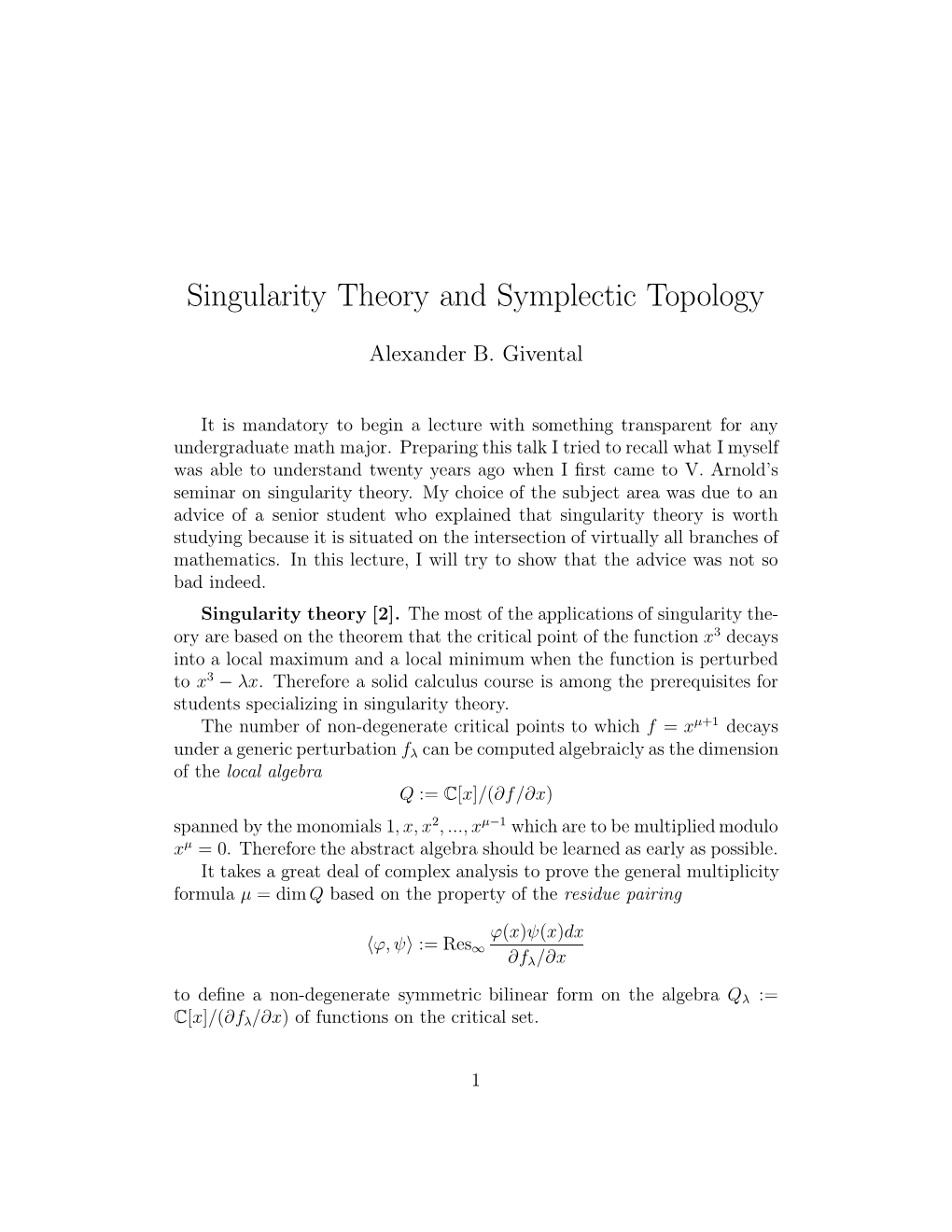 Singularity Theory and Symplectic Topology