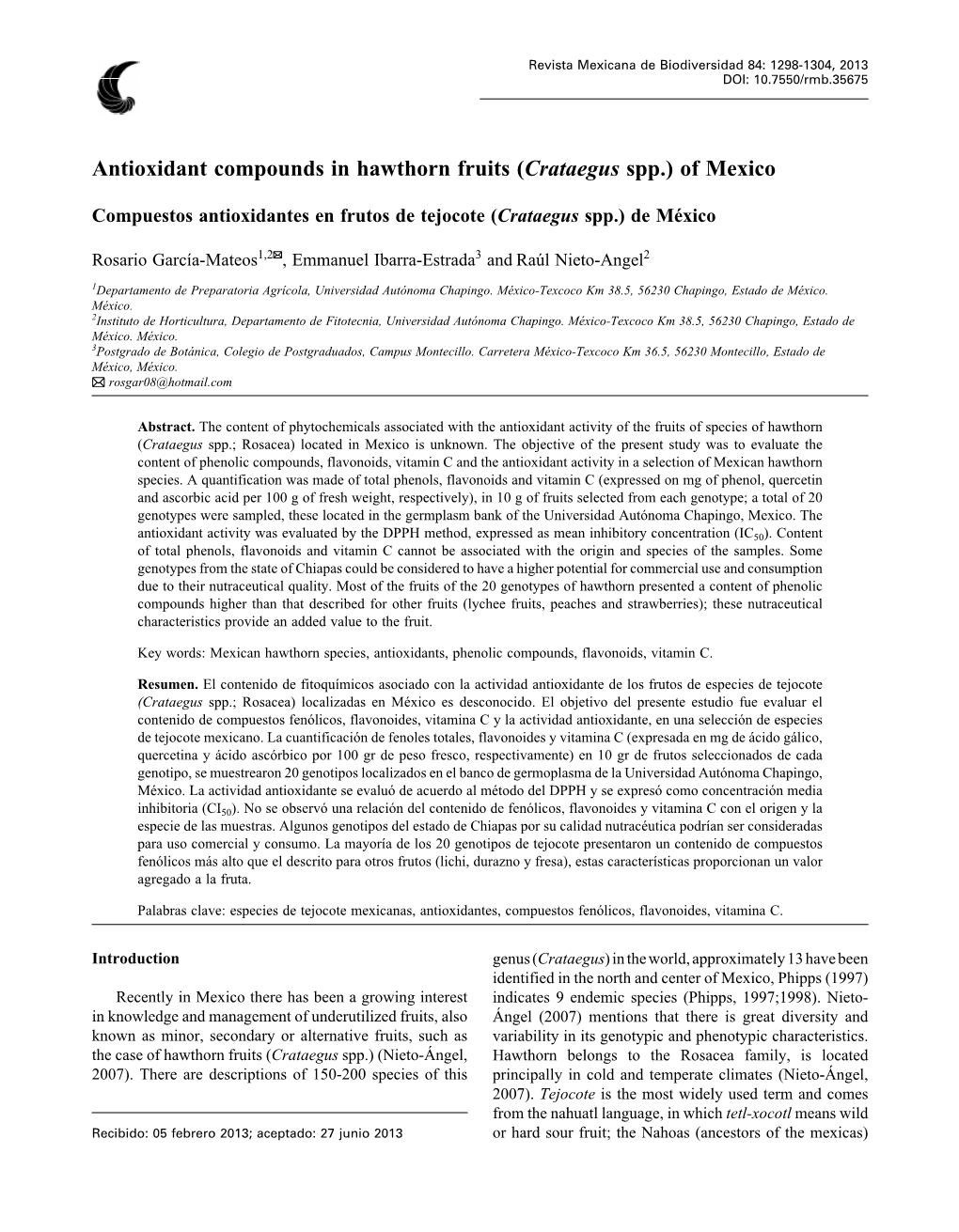 Antioxidant Compounds in Hawthorn Fruits (Crataegus Spp.) of Mexico