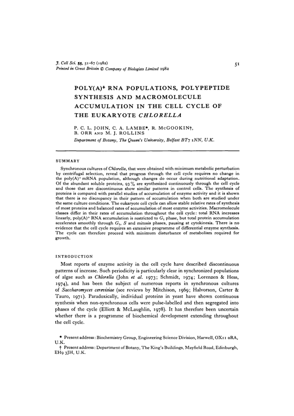 Poly(A)+ Rna Populations, Polypeptide Synthesis and Macromolecule Accumulation in the Cell Cycle of the Eukaryote Chlorella