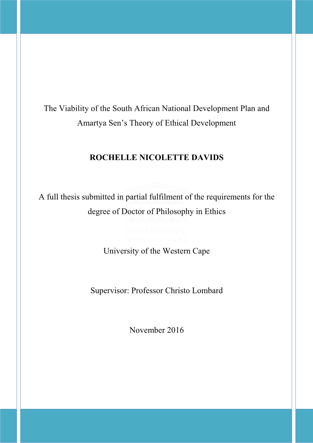 The Viability of the South African National Plan and Amartya Sen's